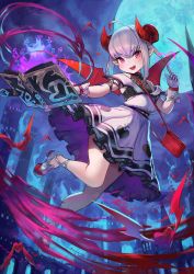 Rule 34 | 1girl, ahoge, bat wings, blood, blue moon, blush, book, building, castle, collar, cross, dress, fang, floating, frilled dress, frills, gloves, greentanuki, heart, highres, horns, light purple hair, magical girl, makaino ririmu, moon, multicolored hair, nijisanji, open book, open mouth, outdoors, pink eyes, red bag, red collar, red hair, smile, teeth, tower, virtual youtuber, white footwear, white gloves, wings