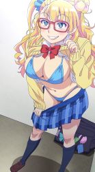 Rule 34 | 1girl, absurdres, bikini, blonde hair, blue bikini, breasts, cleavage, clothes lift, clothes pull, galko, glasses, highres, large breasts, nail polish, navel, oshiete! galko-chan, screencap, shirt lift, skirt, skirt pull, smile, solo, standing, stitched, swimsuit, third-party edit, undressing