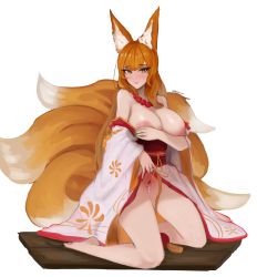 Rule 34 | 1girl, animal ear fluff, animal ears, artist name, bare shoulders, blush, breast hold, breasts, closed mouth, corruption of champions 2, covering privates, covering breasts, cum, cum in pussy, curvy, fox ears, fox girl, fox tail, green eyes, groin, highres, huge breasts, japanese clothes, jewelry, kimono, kitsune, kneeling, kyuubi, large areolae, large breasts, large nipples, large tail, lhanamo, long hair, looking at viewer, multiple tails, nail polish, necklace, obi, ootomo kiyoko, pubic hair, puffy nipples, pussy, red hair, sash, shiny skin, sidelocks, signature, solo, tail, thick thighs, thighs, very long hair, white background, wide hips, wide sleeves