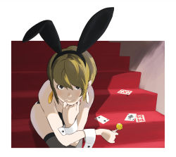 Rule 34 | 1girl, ace (playing card), ace of spades, animal ears, black eyes, brown hair, candy, card, earrings, food, hairband, head rest, highres, jewelry, leotard, lollipop, original, playing card, popman3580, rabbit ears, rabbit girl, short hair, sitting, sitting on stairs, solo, spade (shape), stairs, thighhighs, wrist cuffs
