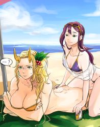 Rule 34 | 2girls, ass, ass grab, bad id, bad pixiv id, bare arms, bare legs, bare shoulders, beach, bikini, bikini pull, blonde hair, breast press, breasts, cleavage, clothes pull, cloud, collarbone, crossed arms, day, earrings, eyewear on head, female focus, genderswap, genderswap (mtf), girl on top, grabbing another&#039;s ass, green eyes, groping, hair ornament, half-closed eyes, highres, horns, jewelry, kachina, kneeling, large breasts, leaning, leaning forward, legs, loki (p&amp;d), long hair, looking at another, looking down, lotion, lying, multiple girls, nail polish, neck, on stomach, outdoors, purple hair, purple nails, puzzle &amp; dragons, sand, shy, side-tie bikini bottom, side ponytail, sky, smile, sunglasses, sunscreen, sweatdrop, swimsuit, thor (p&amp;d), towel, untied, water, yuri