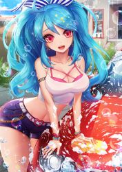 Rule 34 | 1girl, :d, ahoge, ango, ankkoyom, arm support, armlet, bad id, bad pixiv id, bare shoulders, bead bracelet, beads, belt, belt buckle, big hair, blue hair, blue shorts, blue sky, blurry, bra, bracelet, breasts, bubble, buckle, building, car, car wash, chain, cleavage, collarbone, cowboy shot, crop top, day, depth of field, door, earrings, eyelashes, fingernails, hair between eyes, hair ornament, hair ribbon, highres, jewelry, large breasts, lens flare, linus falco, long fingernails, long hair, looking at viewer, luthica preventer, midriff, motor vehicle, nail polish, navel, ocean, open mouth, outdoors, pink bra, pink nails, plant, pocket, ponytail, poster (object), red eyes, ribbon, ring, shiny skin, short shorts, shorts, sidelocks, skindentation, sky, smile, soap bubbles, solo, sparkle, sponge, star (symbol), star hair ornament, stitches, stomach, striped ribbon, swept bangs, sword girls, tank top, thigh gap, triangle, underwear, washing vehicle, window