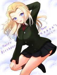 Rule 34 | 1girl, arm behind head, birthday, black footwear, black skirt, black socks, blonde hair, blue eyes, character name, clara (girls und panzer), commentary, dated, english text, girls und panzer, green jacket, hand on own knee, happy birthday, highres, jacket, kumaisao, leg up, long hair, long sleeves, looking at viewer, miniskirt, mixed-language text, open mouth, pleated skirt, pravda school uniform, red shirt, russian text, school uniform, shirt, shoes, skirt, smile, socks, solo, standing, standing on one leg, turtleneck