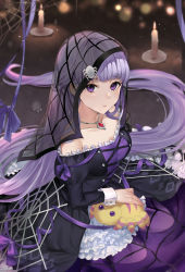 Rule 34 | 1girl, absurdly long hair, bare shoulders, black dress, breasts, candle, closed mouth, collarbone, commentary, dress, fire emblem, fire emblem: the binding blade, fire emblem heroes, frilled dress, frills, hair ornament, halloween, halloween costume, haru (nakajou-28), highres, jewelry, juliet sleeves, lolita fashion, long dress, long hair, long sleeves, looking at viewer, medium breasts, multicolored clothes, necklace, nintendo, official alternate costume, puffy sleeves, purple dress, purple eyes, purple hair, see-through, silk, sitting, solo, sophia (fire emblem), spider hair ornament, spider web, spider web print, strapless, strapless dress, stuffed animal, stuffed spider, stuffed toy, toy, two-tone dress, veil, very long hair