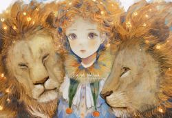 Rule 34 | 1girl, blue eyes, blush, curly hair, english text, closed eyes, highres, lion, looking at viewer, neck ruff, orange hair, orie h, original, solo, upper body