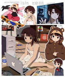 Rule 34 | 1girl, animal costume, animal print, apple inc., arm up, asymmetrical bangs, bare shoulders, beanie, bear costume, bear print, bendedede, bird, blush, border, bottle, brown eyes, brown hair, buttons, camisole, cd, closed mouth, collage, collarbone, commentary, computer, computer tower, copyright name, cropped torso, crow, earflap beanie, electrical outlet, english commentary, entangled, floor, game console, hair ornament, half-closed eyes, hands up, hard drive, hat, head tilt, highres, holding, holding skateboard, hood, hood up, indoors, iwakura lain, jacket, knees together feet apart, laptop, long sleeves, looking at viewer, looking to the side, loose clothes, medium hair, midair, neck ribbon, night, night sky, notebook, on floor, open clothes, open jacket, outline, oversized clothes, own hands together, parted lips, pencil, pink jacket, pink skirt, plug, poster (object), red ribbon, ribbon, school uniform, sega dreamcast, serial experiments lain, signature, single sidelock, sitting, skateboard, skateboarding, skirt, sky, sleeveless, smile, smug, solo, sonic (series), sonic the hedgehog, sticky note, stuffed animal, stuffed toy, teddy bear, teeth, triangle mouth, typing, wariza, water bottle, white background, white border, white camisole, white outline, window, wire, x hair ornament