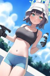 Rule 34 | 1girl, absurdres, ayeon chan, black gloves, black hair, blue archive, blue shorts, blush, bottle, breasts, collarbone, combat helmet, cowboy shot, gloves, green eyes, green halo, gun, halo, helmet, highres, holding, holding bottle, holding gun, holding weapon, large breasts, looking at viewer, navel, open mouth, saki (blue archive), short hair, shorts, solo, stahlhelm, weapon, white headwear