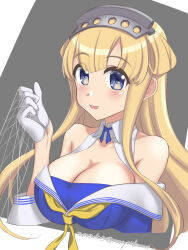 Rule 34 | 1girl, blonde hair, blue shirt, breasts, cargo net, cleavage, double bun, fletcher (kancolle), gloves, grey background, hair bun, hairband, highres, kantai collection, large breasts, long hair, net, off shoulder, one-hour drawing challenge, purple eyes, sailor collar, school uniform, serafuku, shirt, solo, tamakichi (tamakitty), two-tone background, upper body, white gloves, white sailor collar