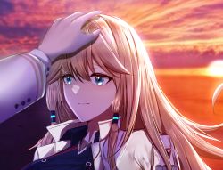 Rule 34 | 1girl, aqua eyes, bad id, bad pixiv id, blonde hair, blue oath, blush, closed mouth, gosama, hair between eyes, hair ornament, hairclip, hand on another&#039;s head, headpat, highres, lips, long hair, looking at viewer, oakland (blue oath), smile, solo, sunset, uniform, upper body