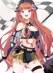 Rule 34 | 1girl, :d, absurdres, arknights, bagpipe (arknights), bagpipe (queen no. 1) (arknights), bare shoulders, breasts, checkered flag, cleavage, cleavage cutout, clothing cutout, cowboy shot, crop top, fingerless gloves, flag, gloves, hat, highres, horns, long hair, looking at viewer, medium breasts, midriff, official alternate costume, open mouth, orange hair, purple eyes, race queen, revealing clothes, rippajun, see-through, short shorts, shorts, shoulder cutout, showgirl skirt, smile, solo, standing, stomach, thigh strap, thighs, very long hair