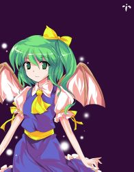 Rule 34 | 1girl, alphes (style), alternate wings, bat wings, blue dress, bow, daiyousei, dress, artistic error, female focus, green eyes, green hair, hair bow, highres, ideolo, light particles, matching hair/eyes, parody, ribbon, short hair, side ponytail, solo, style parody, embodiment of scarlet devil, touhou, wings