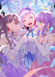 3girls ^_^ armpit_crease aurora_flower_(love_live!) bead_hairband blue_ribbon blue_skirt bob_cut breasts brown_hair butterfly_hair_ornament closed_eyes closed_mouth clothing_cutout colored_inner_hair commentary cowboy_shot cross-laced_clothes cross-laced_top diagonal_bangs earrings facing_viewer fist_bump flower_earrings fujishima_megumi green_eyes hair_ornament hand_on_another&#039;s_shoulder head_tilt highres inverted_bob jewelry link!_like!_love_live! long_hair looking_at_another love_live! macken666 medium_breasts multicolored_hair multiple_girls neck_ribbon official_alternate_costume otomune_kozue pink_ribbon pink_skirt pleated_skirt profile purple_eyes purple_hair purple_ribbon purple_skirt red_hair ribbon shirt short_hair short_sleeves shoulder_cutout side_ponytail sidelocks sideways_mouth skirt sleeveless sleeveless_shirt small_breasts smile streaked_hair streamers two_side_up virtual_youtuber white_hair white_shirt yugiri_tsuzuri