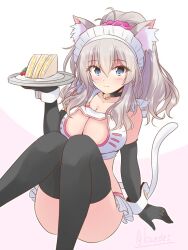 Rule 34 | 1girl, alternate costume, animal ears, bikini, black gloves, black thighhighs, blue eyes, breasts, cat cutout, cat ears, cat tail, cleavage, clothing cutout, convenient leg, elbow gloves, food, gloves, grey hair, hair ornament, hair scrunchie, kantai collection, kashima (kancolle), large breasts, maid headdress, one-hour drawing challenge, ponytail, sandwich, scrunchie, shizuna kaede, sidelocks, solo, swimsuit, tail, thighhighs, tray, waitress, wavy hair, white background, white bikini, wrist cuffs