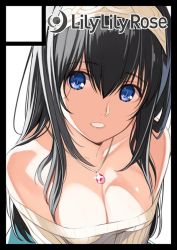 Rule 34 | 1girl, bare shoulders, black border, black hair, blue eyes, border, breasts, character request, cleavage, hair between eyes, hairband, jewelry, long hair, looking at viewer, mibu natsuki, necklace, simple background, solo, white background