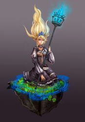 Rule 34 | 1girl, blonde hair, blue eyes, choker, crystal, dress, elf, floating hair, frilled dress, frills, highres, janna (league of legends), kneeling, league of legends, long sleeves, magic circle, plant, pointy ears, puffy sleeves, shevan, simple background, sitting, solo, staff, tiara