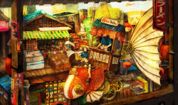 Rule 34 | 1boy, 1girl, aircraft, apron, awning, banner, blue kimono, bowl, brown hair, building, chimney, city, clothes hanger, clothesline, commentary, fish, food, food stand, freezer, fruit, gears, gloves, goldfish, head scarf, highres, holding, japanese clothes, jatomaru, kimono, lantern, nobori, noren, old, old woman, orange (fruit), original, outdoors, paper lantern, poster (object), power lines, scenery, shop, short hair, short sleeves, shorts, sign, stairs, steering wheel, stool, storefront, tile roof, utility pole, wide shot, yatai