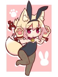 Rule 34 | 1girl, :o, animal ear fluff, animal ears, animal hands, bare shoulders, bell, black hairband, black leotard, blonde hair, blush, brown collar, brown pantyhose, chibi, collar, commentary request, fake animal ears, fox ears, fox girl, fox tail, full body, gloves, hair between eyes, hair ornament, hairband, hands up, highres, jingle bell, kemomimi-chan (naga u), leotard, naga u, neck bell, no shoes, original, pantyhose, parted lips, paw gloves, pink background, playboy bunny, rabbit ears, red eyes, sidelocks, solo, standing, standing on one leg, strapless, strapless leotard, tail, two-tone background, white background