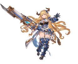 Rule 34 | 10s, 1girl, armor, armored boots, blonde hair, blue eyes, boots, breasts, draph, full body, gauntlets, granblue fantasy, holding, holding weapon, horns, large breasts, long hair, minaba hideo, pauldrons, pleated skirt, pointy ears, razia, shoulder armor, skirt, solo, thighhighs, transparent background, very long hair, weapon, zettai ryouiki