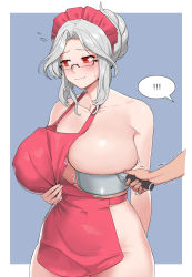 Rule 34 | 1girl, apron, blush, breasts, cain (gunnermul), flying sweatdrops, highres, huge breasts, labiata (last origin), last origin, maid headdress, motion lines, naked apron, one breast out, out of frame, parted bangs, pot, prototype labiata, red apron, red eyes, silver hair, solo focus, sweatdrop, trembling, wavy mouth