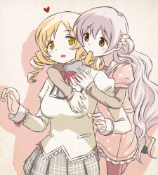 Rule 34 | 10s, 2girls, :o, blonde hair, grabbing another&#039;s breast, drill hair, expressionless, flauschtraut, grabbing, hair in own mouth, hair ornament, heart, hug, hug from behind, long hair, long sleeves, looking back, magical girl, mahou shoujo madoka magica, mahou shoujo madoka magica: hangyaku no monogatari, momoe nagisa, mouth hold, multiple girls, one side up, pantyhose, parted lips, school uniform, scrunchie, skirt, sleeve cuffs, tomoe mami, twin drills, twintails, upper body, white hair, yellow eyes, yuri