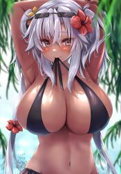 Rule 34 | 1girl, absurdres, alternate costume, armpits, arms up, bikini, black nails, blurry, blurry background, blush, breasts, brown eyes, cleavage, commentary request, crossed bangs, dark-skinned female, dark skin, dated, eyewear on head, flower, grey hair, hair between eyes, hair flower, hair ornament, highres, huge breasts, kantai collection, long hair, looking at viewer, mashiro yukiya, mouth hold, musashi (kancolle), navel, ocean, outdoors, side-tie bikini bottom, signature, smile, solo, sunglasses, swimsuit, twintails, two side up, untied bikini