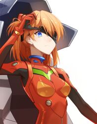 Rule 34 | 1girl, alternate hair length, alternate hairstyle, blindfold, unworn blindfold, blue eyes, bodysuit, breasts, cross akiha, evangelion: 3.0+1.0 thrice upon a time, eyepatch, interface headset, long hair, looking at viewer, medium breasts, multicolored bodysuit, multicolored clothes, neon genesis evangelion, orange hair, pilot suit, plugsuit, rebuild of evangelion, red bodysuit, solo, souryuu asuka langley, two side up, upper body, white background