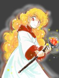 Rule 34 | 1girl, blonde hair, breasts, commentary request, curly hair, dragon quest, dragon quest ii, dress, long hair, looking at viewer, princess, princess of moonbrook, robe, smile, solo, staff, weapon, white robe