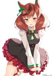 Rule 34 | 1girl, animal ears, blush, bow, brown eyes, brown hair, dress, ear bow, ear covers, frilled dress, frills, highres, hirota fruit, holding, holding clothes, holding dress, horse ears, horse girl, horse tail, leg ribbon, long sleeves, looking at viewer, medium hair, multicolored hair, nice nature (umamusume), open mouth, ribbon, shirt, simple background, solo, streaked hair, tail, twintails, two-tone bowtie, umamusume, white background, white shirt
