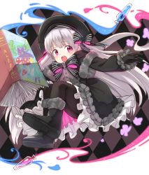 Rule 34 | 10s, 1girl, :o, alice (alice in wonderland), alice in wonderland, bad id, bad pixiv id, beret, black bow, black capelet, black dress, black footwear, black gloves, black hat, black pantyhose, blush, book, boots, bow, capelet, cheshire cat (alice in wonderland), commentary request, dress, fate/extra, fate (series), frilled skirt, frilled sleeves, frills, full body, fur-trimmed boots, fur-trimmed capelet, fur trim, gloves, gothic lolita, hat, hat bow, highres, lolita fashion, long hair, long sleeves, nursery rhyme (fate), open mouth, pantyhose, purple eyes, silver hair, skirt, solo, striped, striped bow, teeth, tsukiman, upper teeth only, very long hair, vial