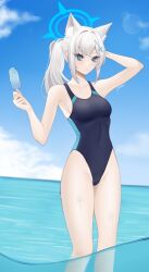 Rule 34 | absurdres, animal ear fluff, animal ears, black one-piece swimsuit, blue archive, blue eyes, blue sky, breasts, cloud, competition swimsuit, covered navel, cross hair ornament, day, extra ears, feet out of frame, food, hair ornament, halo, highres, horizon, long hair, low ponytail, medium breasts, mismatched pupils, multicolored clothes, multicolored swimsuit, ocean, official alternate costume, one-piece swimsuit, outdoors, pinaco, popsicle, shiroko (blue archive), shiroko (swimsuit) (blue archive), sky, swimsuit, wading, water, white hair, wolf ears