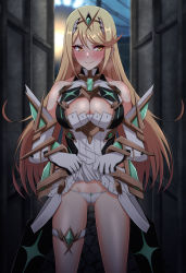 Rule 34 | 1girl, bare shoulders, blonde hair, blush, breasts, chest jewel, cleavage, cleavage cutout, clothes lift, clothing cutout, dress, dress lift, earrings, elbow gloves, eruu (eruuman), gloves, highres, jewelry, large breasts, long hair, looking to the side, mythra (xenoblade), panties, short dress, solo, swept bangs, thigh strap, thighs, tiara, underwear, white dress, white gloves, white panties, xenoblade chronicles (series), xenoblade chronicles 2, yellow eyes