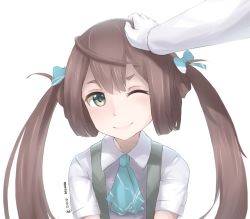 Rule 34 | 1boy, 1girl, admiral (kancolle), ascot, blue ascot, bow, brown hair, closed mouth, collared shirt, commentary, disco brando, english commentary, green eyes, hair bow, hand on another&#039;s head, headpat, highres, kantai collection, long hair, looking at viewer, one eye closed, shirt, short sleeves, simple background, smile, solo focus, twintails, twitter username, upper body, white background, white shirt, wing collar
