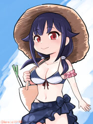 Rule 34 | 1girl, absurdres, ahoge, armband, bag, bikini, blue eyes, blue sarong, breasts, cowboy shot, hair flaps, highres, kantai collection, large breasts, looking at viewer, low twintails, noba (ne83ko61), official alternate costume, one-hour drawing challenge, red eyes, sarong, solo, spring onion, swimsuit, taigei (kancolle), twintails, two-tone bikini