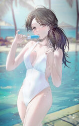 Rule 34 | 1girl, absurdres, bare shoulders, beach, blurry, blurry background, breasts, brown eyes, brown hair, casual one-piece swimsuit, cleavage, collarbone, commentary, covered navel, cowboy shot, day, depth of field, eating, english commentary, food, food on body, highleg, highleg swimsuit, highres, holding, holding food, horizon, long hair, looking at viewer, medium breasts, melting, mole, ocean, one-piece swimsuit, original, outdoors, pool, poolside, popsicle, siole, solo, standing, swimsuit, thighs, water, wet