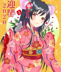 Rule 34 | 1girl, 2020, animal, animal ears, animal on shoulder, bad id, bad pixiv id, black hair, blush, floral print, japanese clothes, kimono, long hair, looking at viewer, mouse (animal), mouse ears, new year, niwata0, original, solo, very long hair
