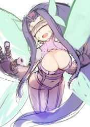Rule 34 | 1girl, breasts, butterfly wings, cleavage, covered eyes, curvy, digimon, digimon (creature), digimon frontier, facial mark, fairimon, fairy, fairy wings, garter straps, gauntlets, gloves, grey background, highres, insect wings, large breasts, long hair, navel, open mouth, panties, pink panties, purple hair, revealing clothes, rui rubellent, simple background, sketch, smile, solo, thighhighs, thong, underwear, visor, wide hips, wings