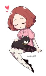Rule 34 | 10s, 1girl, :3, ^ ^, blush, brown eyes, brown hair, cat, closed eyes, commentary request, do m kaeru, floral print, heart, morgana (persona 5), okumura haru, pantyhose, persona, persona 5, pink sweater, plaid, plaid skirt, print pantyhose, ribbed sweater, short hair, simple background, skirt, smile, solo, sweater, twitter username, white background, white pantyhose