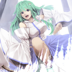 Rule 34 | 1girl, :d, bare shoulders, black eyes, breasts, detached sleeves, gohei, green hair, hair ornament, highres, kochiya sanae, large breasts, long hair, oonusa, open mouth, revision, smile, solo, text in eyes, touhou, tro (trombe)