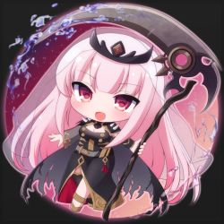 Rule 34 | 1girl, :d, black cape, black dress, black thighhighs, breasts, cape, chibi, cleavage, commentary request, dress, full body, holding, holding scythe, hololive, hololive english, long hair, looking at viewer, medium breasts, mori calliope, open mouth, pink hair, red eyes, rensei, scythe, see-through, see-through sleeves, single thighhigh, smile, solo, spikes, thighhighs, torn cape, torn clothes, veil, very long hair, virtual youtuber