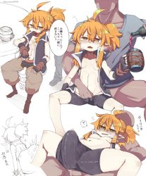 Rule 34 | 1boy, 1girl, ahoge, beer mug, bike shorts, blonde hair, blush, breasts, breath, cup, drunk, faceless, faceless male, fingering, fingerless gloves, gloves, hand under clothes, hand under shorts, highres, mug, navel, nipples, open clothes, open mouth, open vest, original, partially colored, penis, penis under another&#039;s clothes, pointy ears, ponytail, red miso, shorts, sidelocks, sitting, small breasts, table, topless, vest