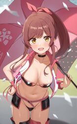 Rule 34 | 1girl, absurdres, bare shoulders, bikini, black bikini, black choker, blush, boots, breasts, choker, cleavage, collarbone, commentary request, cropped jacket, dot nose, earrings, hair ribbon, hand on own hip, high ponytail, highleg, highleg bikini, highres, holding, holding umbrella, hoop earrings, idolmaster, idolmaster shiny colors, jewelry, long hair, looking at viewer, medium breasts, nail polish, navel, official alternate hairstyle, open mouth, osaki amana, outdoors, pink bikini, race queen, raised eyebrows, red hair, revealing clothes, ribbon, skindentation, smile, solo, standing, swept bangs, swimsuit, thigh boots, two-tone bikini, umbrella, wanimaru, wrist cuffs, yellow eyes