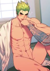 Rule 34 | 2boys, abs, arm tattoo, bara, blush, completely nude, genji (overwatch), green hair, highres, large pectorals, licking another&#039;s hand, male focus, multiple boys, muscular, muscular male, navel, nipples, nkraae, nude, overwatch, overwatch 2, pectorals, short hair, sitting, solo focus, tattoo, thighs, tongue, tongue out, yaoi