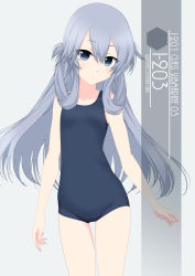 Rule 34 | 1girl, artist name, blue one-piece swimsuit, blush, character name, collarbone, cowboy shot, flat chest, grey background, grey eyes, grey hair, hair between eyes, highres, i-203 (kancolle), inaba shiki, kantai collection, long hair, looking at viewer, new school swimsuit, one-hour drawing challenge, one-piece swimsuit, school swimsuit, simple background, solo, standing, swimsuit