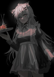Rule 34 | 1girl, :d, absurdres, animal ear fluff, animal ears, apron, arknights, black background, black dress, black ribbon, chihuri, collared shirt, commentary request, dress, dress shirt, fang, food, fork, grey eyes, grey hair, hair between eyes, hand up, highres, holding, holding tray, juliet sleeves, knife, lappland (arknights), long sleeves, looking at viewer, material growth, neck ribbon, open mouth, oripathy lesion (arknights), puffy sleeves, red pupils, ribbon, shirt, simple background, smile, solo, tail, tray, white apron, white shirt