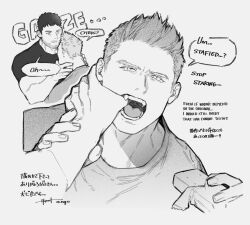 Rule 34 | 2boys, bara, chris redfield, couple, english text, facial hair, food, greyscale, hand in another&#039;s mouth, highres, holding, holding another&#039;s wrist, holding food, male focus, monochrome, moto23059, multiple boys, muscular, muscular male, open mouth, piers nivans, resident evil, resident evil 6, shirt, short hair, translation request, yaoi