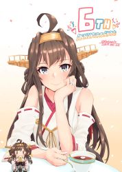 Rule 34 | 2girls, absurdres, ahoge, alakoala, anniversary, artist name, brown hair, chibi, commentary request, cookie, cup, dated, detached sleeves, double bun, dual persona, food, gradient background, hair bun, hairband, headgear, highres, jewelry, kantai collection, kongou (kancolle), long hair, looking at viewer, mini person, minigirl, multiple girls, orange background, purple eyes, ribbon-trimmed sleeves, ribbon trim, ring, solo focus, tea, teacup, upper body, wedding band, white background