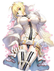 Rule 34 | 1girl, ahoge, belt, belt buckle, blonde hair, breasts, brown belt, buckle, chain, closed mouth, commentary request, cropped legs, detached sleeves, fate/extra, fate/extra ccc, fate (series), flower, full-length zipper, garter belt, gloves, green eyes, hair between eyes, hair flower, hair intakes, hair ornament, head tilt, highleg, highleg leotard, highres, juliet sleeves, large breasts, leotard, long sleeves, nero claudius (bride) (fate), nero claudius (bride) (second ascension) (fate), nero claudius (fate), nero claudius (fate) (all), paddle, petals, puffy sleeves, ririko (zhuoyandesailaer), sidelocks, smile, solo, thighhighs, veil, white background, white flower, white gloves, white leotard, white thighhighs, zipper