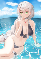 Rule 34 | 1girl, absurdres, aquila (azur lane), azur lane, bare arms, bare legs, bare shoulders, bikini, braid, breasts, choker, cleavage, cloud, eyelashes, garter belt, green eyes, grey hair, hand in mouth, highres, long hair, looking at viewer, ocean, official alternate costume, pale skin, pearl thong, ps rinsu, sitting, sky, solo, swimsuit, thighs