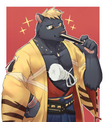 1boy abs animal_ears blonde_hair blue_eyes claw_(world_flipper) closed_mouth commentary_request folding_fan furry furry_male hand_fan hand_on_own_hip highres holding holding_fan japanese_clothes kenjilo_(kenjilokung) looking_at_viewer male_focus muscular muscular_male panther_boy panther_ears pawpads pectorals round_eyewear smile sparkle world_flipper