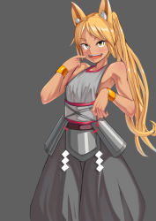 Rule 34 | 1girl, animal ears, armor, ayakumo, bare arms, bare shoulders, blonde hair, bracelet, fangs, fox ears, hip armor, jewelry, long hair, looking at viewer, open mouth, original, pointing, pointing at self, ponytail, shirt, skirt, sleeveless, sleeveless shirt, smile, solo, very long hair, yellow eyes